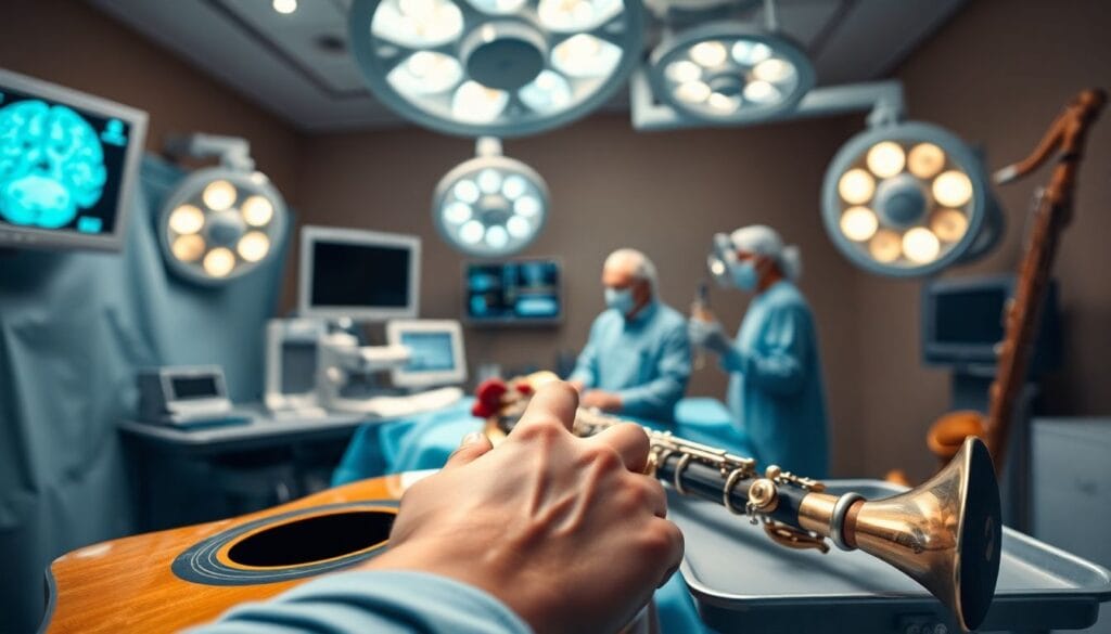 Violão, clarinete e sax durante cirurgia cerebral