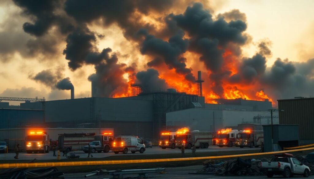 Incêndio atinge complexo industrial em Ezeiza; equipes de emergência combatem chamas e investigam causas.