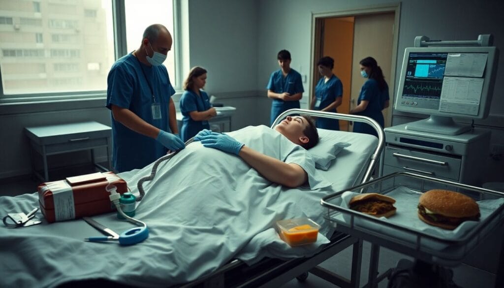 Grego de 22 anos foi internado em estado crítico após engolir um hambúrguer inteiro durante encontro.