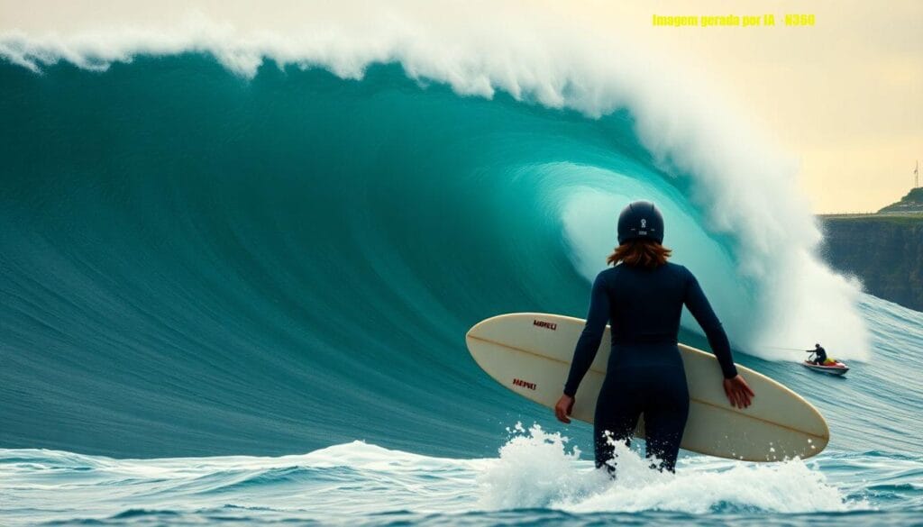 Laura Crane surfa onda gigante em Nazaré, possível recorde