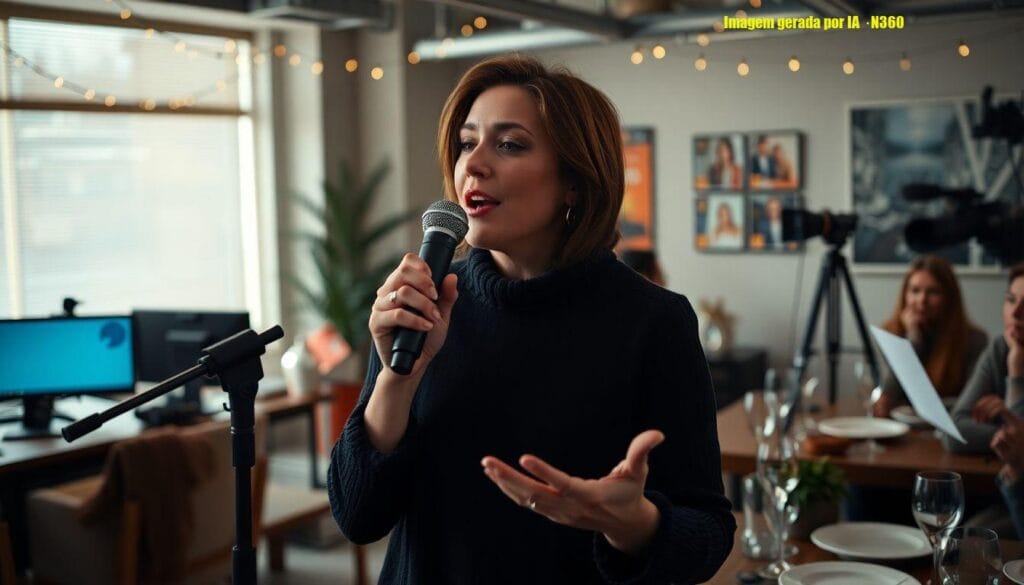 Renata Lo Prete canta em karaokê na confraternização