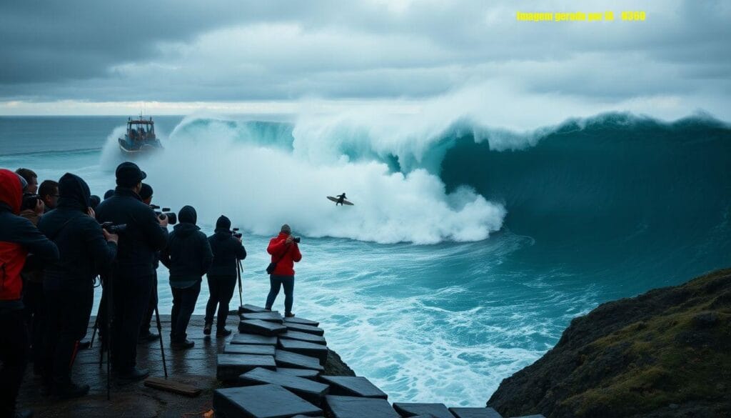 Brasileiro surfa onda gigante em Nazaré durante tempestade