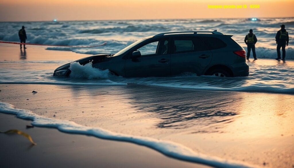 Carro tomado pelo mar acende alerta em praia de SC