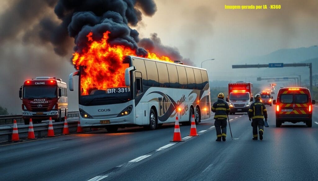 Ônibus pega fogo e interdita BR-381 na Serra de Igarapé