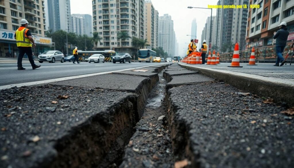 Buraco em Minhang (Xangai) engole vias durante obras