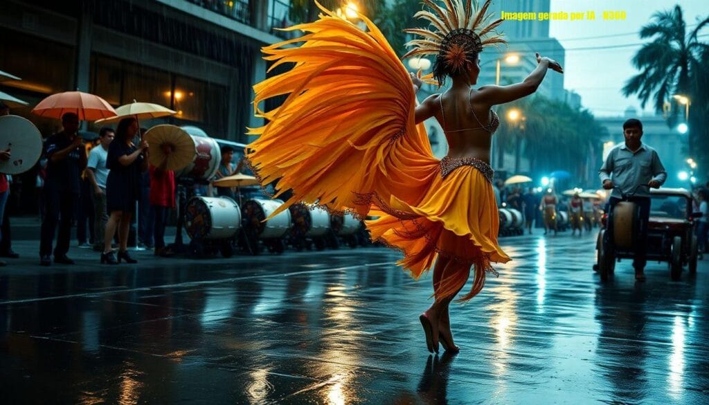 Lore Improta samba na chuva em ensaio da Viradouro