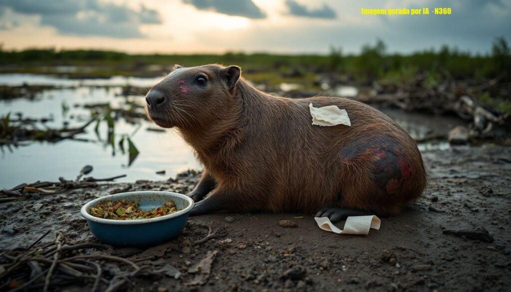 Capivara espancada na Ilha do Governador melhora, mas em risco