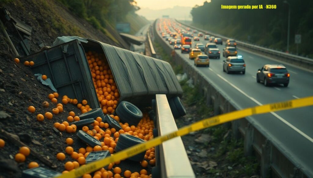 Carreta tomba e cai em ribanceira na BR-381, em Brumadinho
