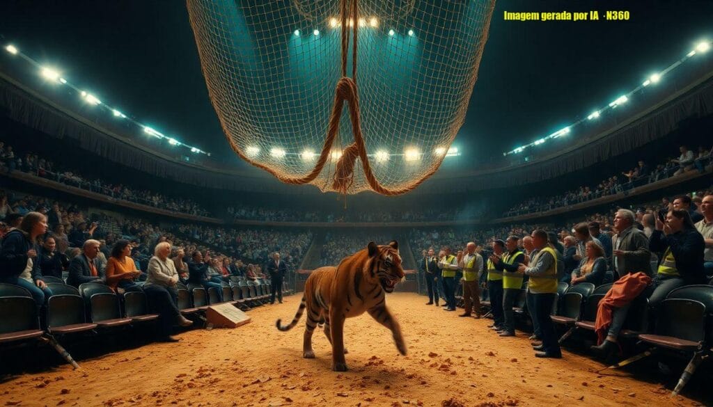 Tigre invade plateia após queda de proteção em circo