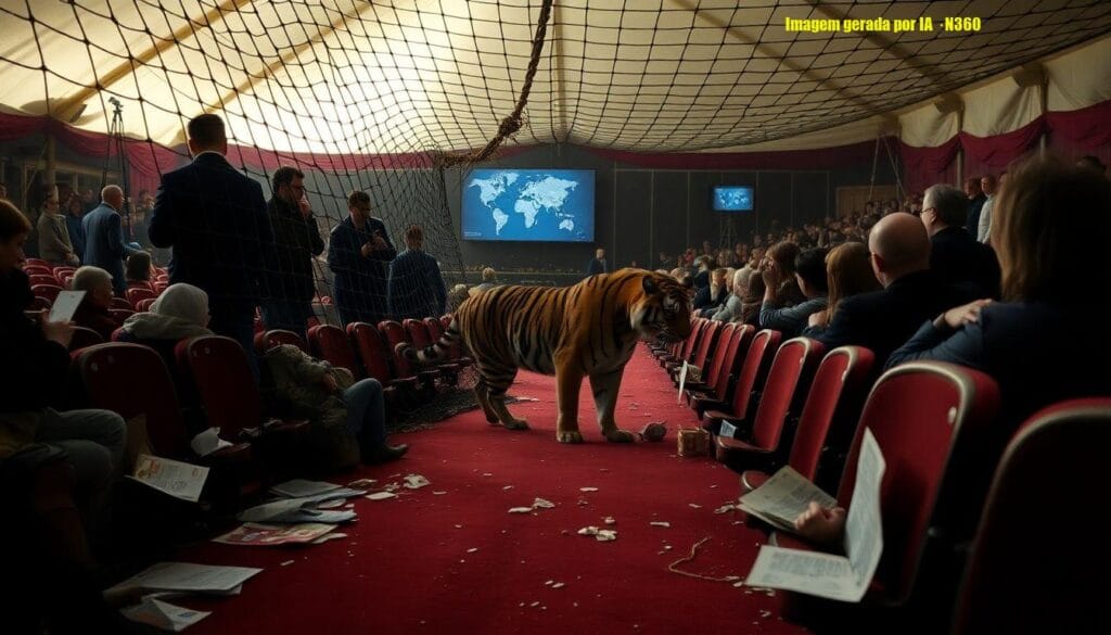 Tigre pula na plateia após rede ceder em circo russo