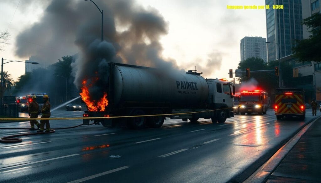 Incêndio em caminhão-tanque bloqueia Avenida Brasil