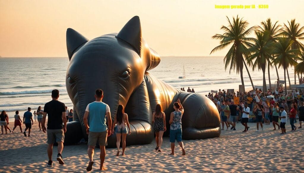 Loba inflável 'Isabel' vira atração em Copacabana