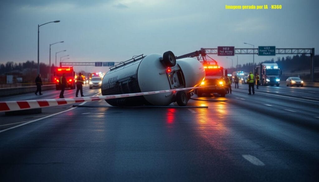 Carreta com combustível tomba e interdita BR-381 em MG