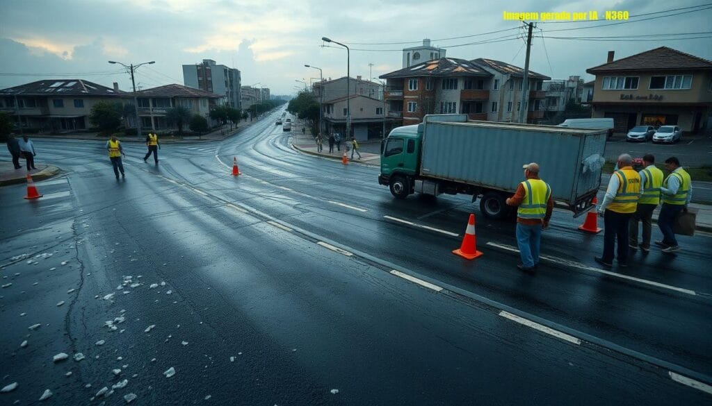 Caminhão-cegonha derrapa após temporal com granizo em Porto Alegre