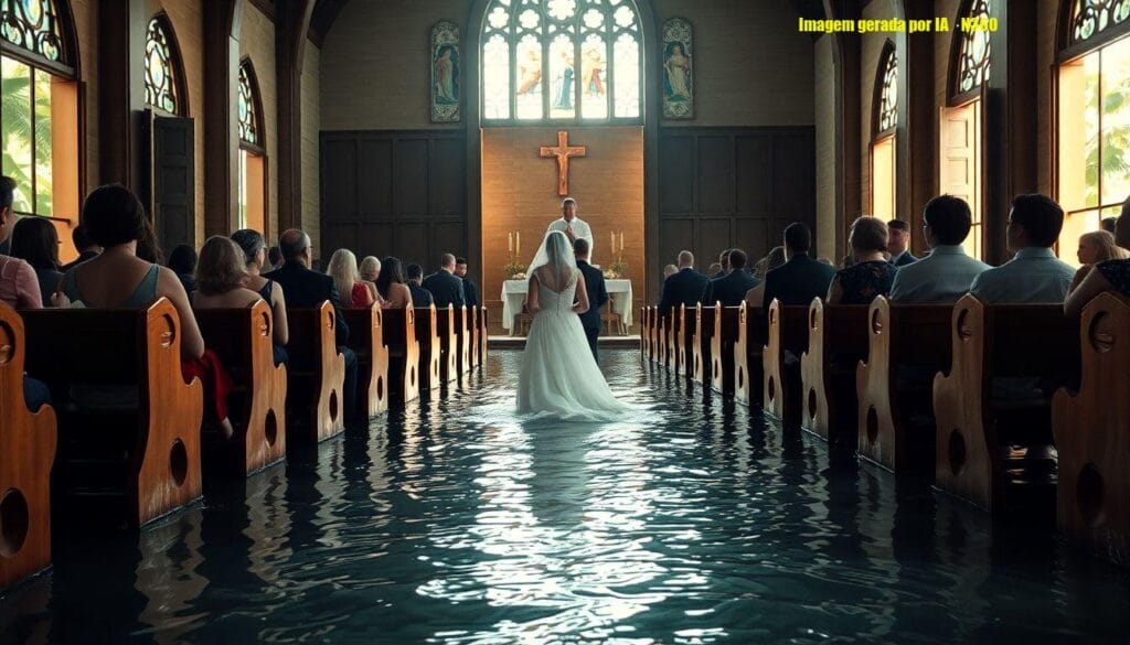 Noiva caminha por igreja alagada nas Filipinas